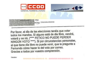      <br />                     <br />                                                 <br />El Director del Hipermercado de Carrefour Petrer, Alicante, Oscar Domínguez Pérez ha envíado un correo a todos los mandos para que voten al quot;
sindicatoquot;
 de la empresa FETICO.<br />Una muestra más del pucherazo que Carrefour está realizando en las elecciones sindicales, y la falta de libertad sindical que venimos denunciando desde el sindicato COMISIONES OBRERAS<br />