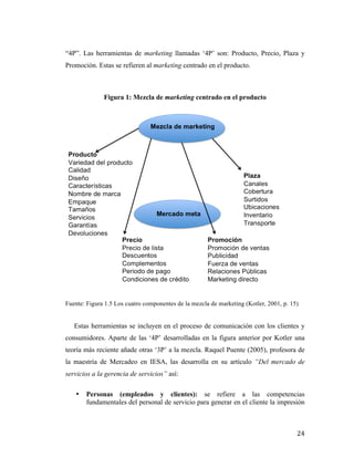 “4P”. Las herramientas de marketing llamadas ‘4P’ son: Producto, Precio, Plaza y
Promoción. Estas se refieren al marketing centrado en el producto.

Figura 1: Mezcla de marketing centrado en el producto

Fuente: Figura 1.5 Los cuatro componentes de la mezcla de marketing (Kotler, 2001, p. 15)

Estas herramientas se incluyen en el proceso de comunicación con los clientes y
consumidores. Aparte de las ‘4P’ desarrolladas en la figura anterior por Kotler una
teoría más reciente añade otras ‘3P’ a la mezcla. Raquel Puente (2005), profesora de
la maestría de Mercadeo en IESA, las desarrolla en su artículo “Del mercado de
servicios a la gerencia de servicios” así:
•

	
  

Personas (empleados y clientes): se refiere a las competencias
fundamentales del personal de servicio para generar en el cliente la impresión

24	
  

 