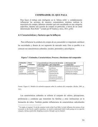 COMPRADOR: EL QUE PAGA
Para hacer el trabajo más inteligente en la ‘última milla’ y verdaderamente
influenciar las acciones de nuestros consumidores mientras realizan la
trayectoria de compra, debemos entender qué está sucediendo en una categoría
específica, durante una ocasión de compra en particular, a través de un canal
determinado. Rick Roth 18 (citado por D’Andrea y otros, 2011, p.02)

4.1 Características y factores que lo influyen
Para influenciar la conducta de compra de un consumidor es importante satisfacer
las necesidades y deseos de ese segmento de mercado meta. Esto es posible si se
conocen sus características culturales, sociales, personales y psicológicas.

Figura 7: Estímulos, Características, Proceso y Decisiones del comprador

Fuente: Figura 6.1 Modelo de estímulo-respuesta sobre la conducta del comprador. (Kotler, 2001, p.
161).

Las características culturales se refieren al conjunto de valores, percepciones,
preferencias y conductas que transmiten las familias y otras instituciones en la
formación de niños. También pueden influenciarse de características subculturales
	
  	
  	
  	
  	
  	
  	
  	
  	
  	
  	
  	
  	
  	
  	
  	
  	
  	
  	
  	
  	
  	
  	
  	
  	
  	
  	
  	
  	
  	
  	
  	
  	
  	
  	
  	
  	
  	
  	
  	
  	
  	
  	
  	
  	
  	
  	
  	
  	
  	
  	
  	
  	
  	
  	
  	
  
18

En inglés el original: To do the smartest work in that 'Last Mile,' to truly influence the actions of our
consumer as she travels a path to purchase, we need to understand what's really going on in a specific
category, during a particular shopping occasion, through a given channel.

	
  

53	
  

 