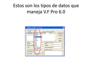 Estos son los tipos de datos que maneja V.F Pro 6.0