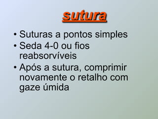 sutura
• Suturas a pontos simples
• Seda 4-0 ou fios
  reabsorvíveis
• Após a sutura, comprimir
  novamente o retalho com
  gaze úmida
 