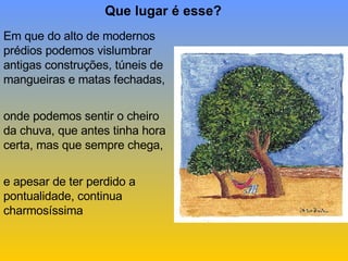 Em que do alto de modernos prédios podemos vislumbrar antigas construções, túneis de mangueiras e matas fechadas, onde podemos sentir o cheiro da chuva, que antes tinha hora certa, mas que sempre chega, e apesar de ter perdido a pontualidade, continua charmosíssima Que lugar é esse? 