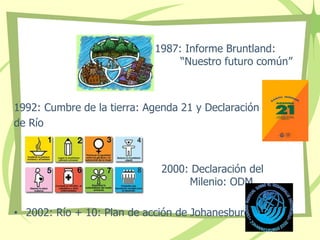 1987: Informe Bruntland:
“Nuestro futuro común”
1992: Cumbre de la tierra: Agenda 21 y Declaración
de Río
2000: Declaración del
Milenio: ODM
• 2002: Río + 10: Plan de acción de Johanesburgo
 