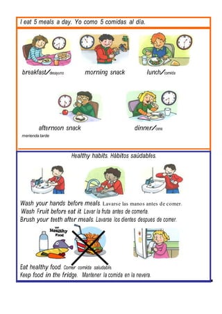 I eat 5 meals a day. Yo como 5 comidas al día.
breakfast/desayuno morning snack lunch/comida
afternoon snack dinner/cena
merienda tarde
Healthy habits. Hábitos saúdables.
Wash your hands before meals. Lavarse las manos antes de comer.
Wash Fruit before eat it. Lavar la fruta antes de comerla.
Brush your teeth after meals. Lavarse los dientes despues de comer.
Eat healthy food. Comer comida saludable.
Keep food in the fridge. Mantener la comida en la nevera.
 
