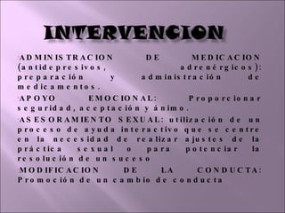 ADMINISTRACION DE MEDICACION (antidepresivos, adrenérgicos): preparación y administración de medicamentos. APOYO EMOCIONAL: Proporcionar seguridad, aceptación y ánimo. ASESORAMIENTO SEXUAL: utilización de un proceso de ayuda interactivo que se centre en la necesidad de realizar ajustes de la práctica sexual o para potenciar la resolución de un suceso MODIFICACION DE LA CONDUCTA: Promoción de un cambio de conducta 