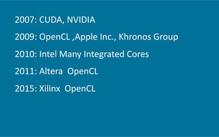 2007:	
  CUDA,	
  NVIDIA 	
  	
  
2009:	
  OpenCL	
  ,Apple	
  Inc.,	
  Khronos	
  Group	
  
2010:	
  Intel	
  Many	
  Int...
