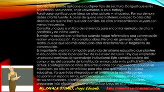 Consejos
Esta técnica puede aplicarse a cualquier tipo de escritura. Da igual que estés
en primaria, secundaria, en la universidad, o en el trabajo.
Parafrasear significa coger ideas de otros autores y rehacerlas. Por eso siempre
debes citar la fuente. A pesar de que la única diferencia respecto a las citas
directas sea que no hay que usar comillas, las citas entrecomilladas se usan con
menos frecuencia.
Consulta una guía o un libro de referencia para encontrar ejemplos de citas y
paráfrasis y de cómo usarlas.
Es mejor no recurrir a esta técnica cuando hagas referencia a una conversación
real en una redacción. Para analizar obras literarias en general u obras de
teatro, puede que sea más adecuado citar directamente un fragmento de
conversación.
Es importante una transformación profunda del sistema educativo que plantee
la educación desde la perspectiva de la escuela inclusiva. Hay que emprender
un proceso continuo de aprendizaje institucional. Este cambio requiere del
compromiso del conjunto de la institución enmarcado en la política educativa
actual. La integración de niños diferentes o niños con necesidades educativas
especiales, no sólo es beneficioso para ellos sino que mejora la calidad
educativa, Ya que éstos integrados en el ámbito de la escuela común,
ocuparán un espacio social, establecerán vínculos basados en la satisfacción
de sus necesidades, crearán espacios de aprendizajes mutuos y podrán
prepararse más eficazmente para interactuar luego en el ámbito laboral.
5/31/2017
31
 