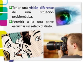 Tener una visión diferente
de una situación
problemática.
Permitir a la otra parte
escuchar un relato distinto.
 