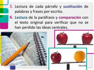 3. Lectura de cada párrafo y sustitución de
palabras y frases por escrito.
4. Lectura de la paráfrasis y comparación con
el texto original para verificar que no se
han perdido las ideas centrales.
Eduardo
 