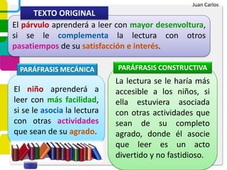 El párvulo aprenderá a leer con mayor desenvoltura,
si se le complementa la lectura con otros
pasatiempos de su satisfacción e interés.
TEXTO ORIGINAL
El niño aprenderá a
leer con más facilidad,
si se le asocia la lectura
con otras actividades
que sean de su agrado.
La lectura se le haría más
accesible a los niños, si
ella estuviera asociada
con otras actividades que
sean de su completo
agrado, donde él asocie
que leer es un acto
divertido y no fastidioso.
PARÁFRASIS MECÁNICA PARÁFRASIS CONSTRUCTIVA
Juan Carlos
 