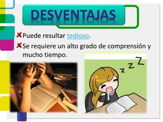 Puede resultar tedioso.
Se requiere un alto grado de comprensión y
mucho tiempo.
 