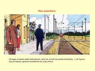 Plano panorámico




Abrangue un espazo amplo (unha paisaxe, unha rúa, un local de grandes dimensións, ...). As figuras,
caso de habelas, aparecen normalmente de corpo enteiro.
 