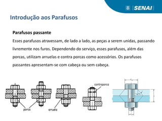 Introdução aos Parafusos
Parafusos passante
Esses parafusos atravessam, de lado a lado, as peças a serem unidas, passando
livremente nos furos. Dependendo do serviço, esses parafusos, além das
porcas, utilizam arruelas e contra porcas como acessórios. Os parafusos
passantes apresentam-se com cabeça ou sem cabeça.
 