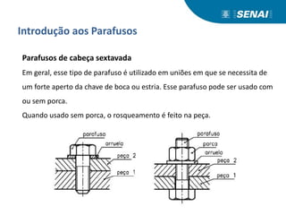Introdução aos Parafusos
Parafusos de cabeça sextavada
Em geral, esse tipo de parafuso é utilizado em uniões em que se necessita de
um forte aperto da chave de boca ou estria. Esse parafuso pode ser usado com
ou sem porca.
Quando usado sem porca, o rosqueamento é feito na peça.
 