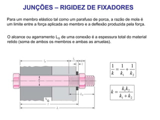 JUNÇÕES – RIGIDEZ DE FIXADORES
Para um membro elástico tal como um parafuso de porca, a razão de mola é
um limite entre a força aplicada ao membro e a deflexão produzida pela força.
O alcance ou agarramento LG de uma conexão é a espessura total do material
retido (soma de ambos os membros e ambas as arruelas).
L
G
21
111
kkk

21
21
kk
kk
k


 