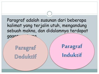 Paragraf adalah susunan dari beberapa 
kalimat yang terjalin utuh, mengandung 
sebuah makna, dan didalamnya terdapat 
gagasan utama. 
 