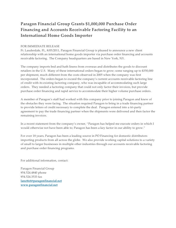 Paragon financial group grants 1,000,000 purchase order financing and
