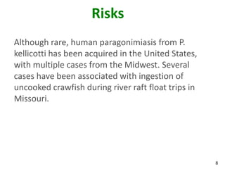 Risks
Although rare, human paragonimiasis from P.
kellicotti has been acquired in the United States,
with multiple cases from the Midwest. Several
cases have been associated with ingestion of
uncooked crawfish during river raft float trips in
Missouri.




                                                     8
 