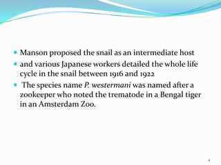  Manson proposed the snail as an intermediate host
 and various Japanese workers detailed the whole life
  cycle in the snail between 1916 and 1922
 The species name P. westermani was named after a
  zookeeper who noted the trematode in a Bengal tiger
  in an Amsterdam Zoo.




                                                         4
 