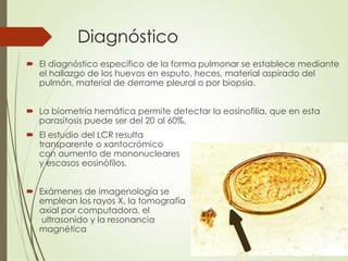 Diagnóstico
 El diagnóstico específico de la forma pulmonar se establece mediante
el hallazgo de los huevos en esputo, heces, material aspirado del
pulmón, material de derrame pleural o por biopsia.
 La biometría hemática permite detectar la eosinofilia, que en esta
parasitosis puede ser del 20 al 60%.
 El estudio del LCR resulta
transparente o xantocrómico
con aumento de mononucleares
y escasos eosinófilos.
 Exámenes de imagenología se
emplean los rayos X, la tomografía
axial por computadora, el
ultrasonido y la resonancia
magnética
 