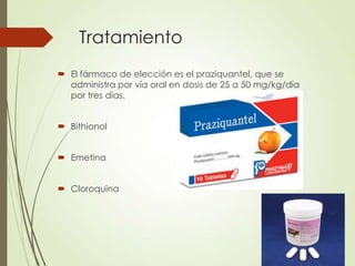 Tratamiento
 El fármaco de elección es el praziquantel, que se
administra por vía oral en dosis de 25 a 50 mg/kg/día
por tres días.
 Bithionol
 Emetina
 Cloroquina
 