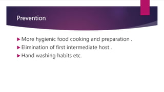 Prevention
 More hygienic food cooking and preparation .
 Elimination of first intermediate host .
 Hand washing habits etc.
 