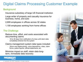 Digital Claims Processing Customer Example
Background
    Insurance subsidiary of large US financial institution
    Large writer of property and casualty insurance for
    business, home, and auto
    2,800 employees in offices across 32 states
    1,100 employees working from home offices

The Challenge
    Reduce time, effort, and costs associated with
    documenting claims
        – 18 to 30 days from notification of a loss until claim data
          completely entered into the system

    Claims management system data types included:
        – 35mm and digital photos, voice depositions, video, claim
          forms, police reports, official statements, etc.

    Minimize impact on staff, retain data long-term,
    immediate data recovery


© Copyright 2012 EMC Corporation. All rights reserved.                 88
 