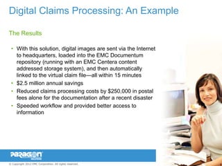 Digital Claims Processing: An Example

The Results

 • With this solution, digital images are sent via the Internet
   to headquarters, loaded into the EMC Documentum
   repository (running with an EMC Centera content
   addressed storage system), and then automatically
   linked to the virtual claim file—all within 15 minutes
 • $2.5 million annual savings
 • Reduced claims processing costs by $250,000 in postal
   fees alone for the documentation after a recent disaster
 • Speeded workflow and provided better access to
   information




© Copyright 2012 EMC Corporation. All rights reserved.            99
 