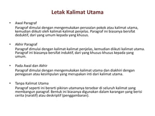 Letak Kalimat Utama
•

Awal Paragraf
Paragraf dimulai dengan mengemukakan persoalan pokok atau kalimat utama,
kemudian diikuti oleh kalimat-kalimat penjelas. Paragraf ini biasanya bersifat
deduktif, dari yang umum kepada yang khusus.

•

Akhir Paragraf
Paragraf dimulai dengan kalimat-kalimat penjelas, kemudian diikuti kalimat utama.
Paragraf ini biasanya bersifat induktif, dari yang khusus-khusus kepada yang
umum.

•

Pada Awal dan Akhir
Paragraf dimulai dengan mengemukakan kalimat utama dan diakhiri dengan
penegasan atau kesimpulan yang merupakan inti dari kalimat utama.

•

Tanpa Kalimat Utama
Paragraf seperti ini berarti pikiran utamanya tersebar di seluruh kalimat yang
membangun paragraf. Bentuk ini biasanya digunakan dalam karangan yang berisi
cerita (naratif) atau deskriptif (penggambaran).

 