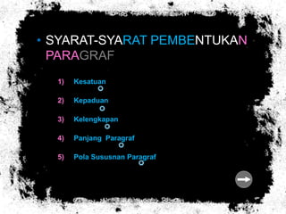 1) Kesatuan
2) Kepaduan
3) Kelengkapan
4) Panjang Paragraf
5) Pola Sususnan Paragraf
• SYARAT-SYARAT PEMBENTUKAN
PARAGRAF
 