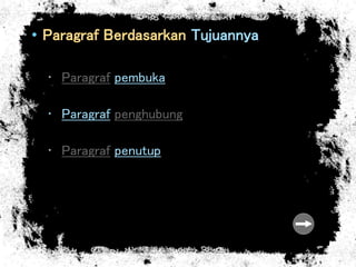 • Paragraf Berdasarkan Tujuannya
• Paragraf pembuka
• Paragraf penghubung
• Paragraf penutup
 