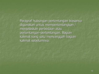 14
Paragraf hubungan pertentangan biasanya
digunakan untuk mempertentangkan /
menjelaskan perbedaan atau
pertentangan-pertentangan. Bagian
kalimat yang satu menyanggah bagian
kalimat sebelumnya.
 