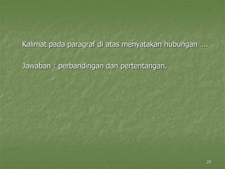 26
Kalimat pada paragraf di atas menyatakan hubungan ….
Jawaban : perbandingan dan pertentangan.
 
