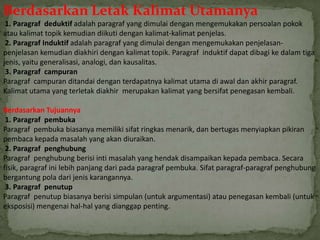 Berdasarkan Letak Kalimat Utamanya
1. Paragraf deduktif adalah paragraf yang dimulai dengan mengemukakan persoalan pokok
atau kalimat topik kemudian diikuti dengan kalimat-kalimat penjelas.
2. Paragraf Induktif adalah paragraf yang dimulai dengan mengemukakan penjelasan-
penjelasan kemudian diakhiri dengan kalimat topik. Paragraf induktif dapat dibagi ke dalam tiga
jenis, yaitu generalisasi, analogi, dan kausalitas.
3. Paragraf campuran
Paragraf campuran ditandai dengan terdapatnya kalimat utama di awal dan akhir paragraf.
Kalimat utama yang terletak diakhir merupakan kalimat yang bersifat penegasan kembali.
Berdasarkan Tujuannya
1. Paragraf pembuka
Paragraf pembuka biasanya memiliki sifat ringkas menarik, dan bertugas menyiapkan pikiran
pembaca kepada masalah yang akan diuraikan.
2. Paragraf penghubung
Paragraf penghubung berisi inti masalah yang hendak disampaikan kepada pembaca. Secara
fisik, paragraf ini lebih panjang dari pada paragraf pembuka. Sifat paragraf-paragraf penghubung
bergantung pola dari jenis karangannya.
3. Paragraf penutup
Paragraf penutup biasanya berisi simpulan (untuk argumentasi) atau penegasan kembali (untuk
eksposisi) mengenai hal-hal yang dianggap penting.
 