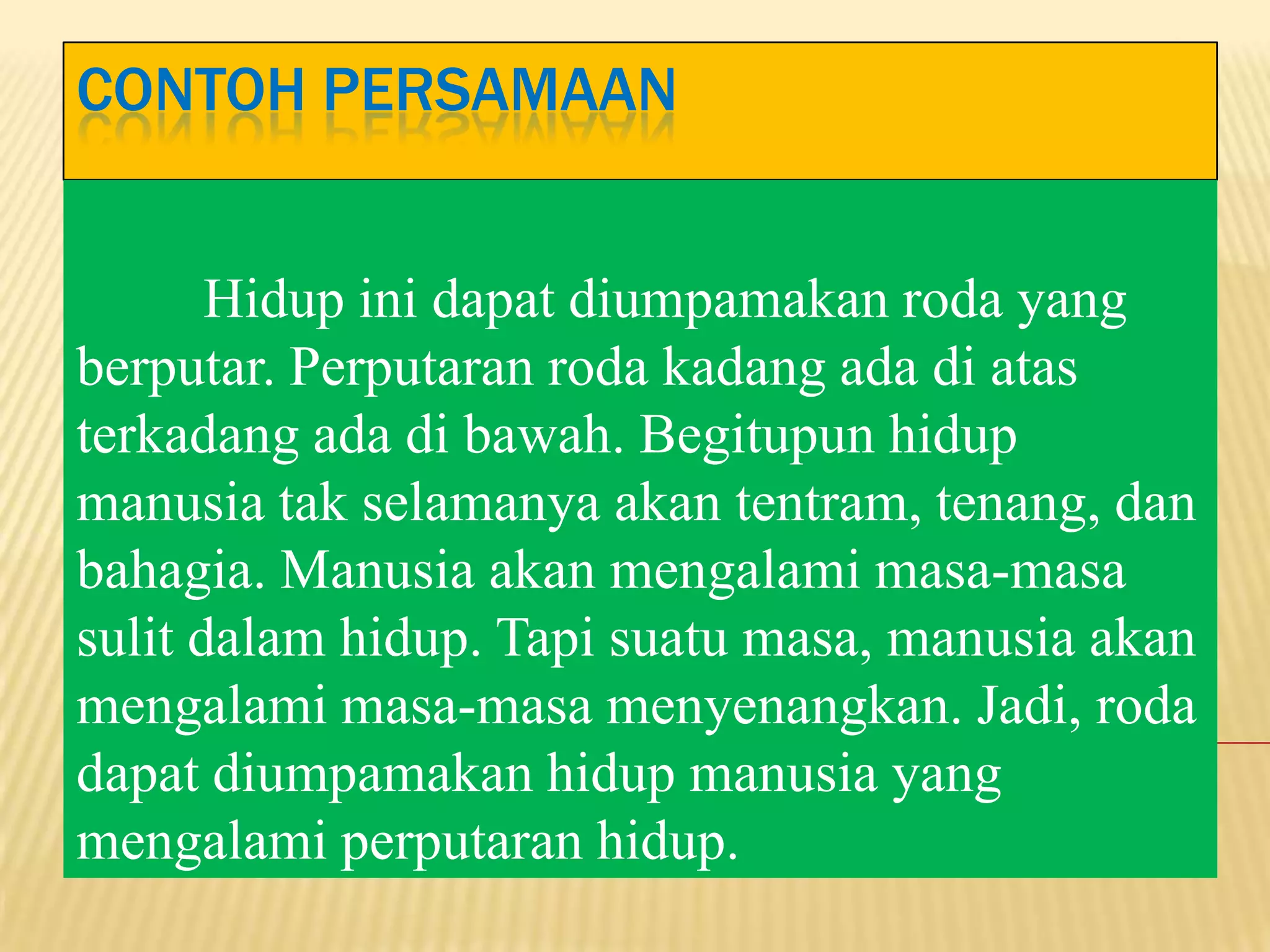 CONTOH PERSAMAAN


       Hidup ini dapat diumpamakan roda yang
berputar. Perputaran roda kadang ada di atas
terkadang ada di bawah. Begitupun hidup
manusia tak selamanya akan tentram, tenang, dan
bahagia. Manusia akan mengalami masa-masa
sulit dalam hidup. Tapi suatu masa, manusia akan
mengalami masa-masa menyenangkan. Jadi, roda
dapat diumpamakan hidup manusia yang
mengalami perputaran hidup.
 