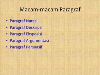 Macam-macam Paragraf Paragraf Narasi Paragraf Deskripsi Paragraf Eksposisi Paragraf Argumentasi Paragraf Persuasif 