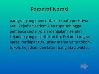 Paragraf Narasi paragraf yang menceritakan suatu peristiwa atau kejadian sedemikian rupa sehingga pembaca seolah-olah mengalami sendiri kejadian yang diceritakan itu. Dalam paragraf narasi terdapat tiga unsur utama yaitu tokoh-tokoh, kejadian, dan latar ruang atau waktu. 