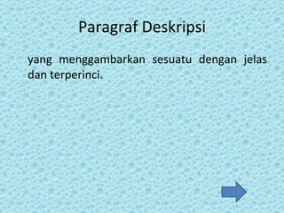Paragraf Deskripsi yang menggambarkan sesuatu dengan jelas dan terperinci. 
