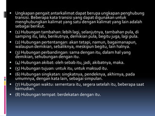  Ungkapan pengait antarkalimat dapat berupa ungkapan penghubung
    transisi. Beberapa kata transisi yang dapat digunakan untuk
    menghubungkan kalimat yang satu dengan kalimat yang lain adalah
    sebagai berikut.
   (1) Hubungan tambahan: lebih lagi, selanjutnya, tambahan pula, di
    samping itu, lalu, berikutnya, demikian pula, begitu juga, lagi pula.
   (2) Hubungan pertentangan: akan tetapi, namun, bagaimanapun,
    walaupun demikian, sebaliknya, meskipun begitu, lain halnya.
   (3) Hubungan perbandingan: sama dengan itu, dalam hal yang
    demikian, sehubungan dengan itu.
   (4) Hubungan akibat: oleh sebab itu, jadi, akibatnya, maka.
   (5) Hubungan tujuan: untuk itu, untuk maksud itu.
   (6) Hubungan singkatan: singkatnya, pendeknya, akhirnya, pada
    umumnya, dengan kata lain, sebagai simpulan.
   (7) Hubungan waktu: sementara itu, segera setelah itu, beberapa saat
    kemudian.
   (8) Hubungan tempat: berdekatan dengan itu.
 