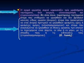  Η αγορά εργασίας συχνά παρουσιάζει τρία προβλήματα
Θεματική περίοδος   ταυτόχρονα,     ήτοι   ανεργία,    υποαπασχόληση     και
                    ετεροαπασχόληση. Με άλλα λόγια, παρατηρούμε ταυτόχρονα
                    άτομα που επιθυμούν να εργασθούν και δεν βρίσκουν
                    κανενός είδους εργασία (άνεργοι), άτομα που προκειμένου
                    να είναι άνεργα προτιμούν να εργασθούν ορισμένες ώρες ή
                    ορισμένες ημέρες (υποαπασχολούμενοι) και άτομα που
                    αναγκάζονται να εργασθούν σε θέσεις εργασίας των οποίων
    Σχόλια          το περιεχόμενο είναι άσχετο, εν όλω ή εν μέρει, με τις
                    σπουδές       τους     ή     τις     ειδικεύσεις   τους
                    (ετεροαπασχολούμενοι).             (Θ. Λιανός)
 