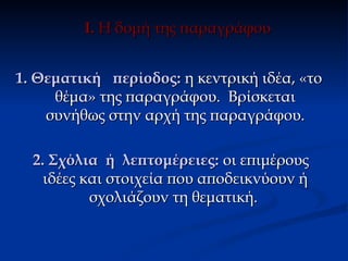 Ι. Η δομή της παραγράφου


1. Θεματική περίοδος: η κεντρική ιδέα, «το
     θέμα» της παραγράφου. Βρίσκεται
    συνήθως στην αρχή της παραγράφου.

  2. Σχόλια ή λεπτομέρειες: οι επιμέρους
    ιδέες και στοιχεία που αποδεικνύουν ή
           σχολιάζουν τη θεματική.
 