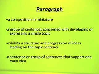 Paragraph
–a composition in miniature

-a group of sentences concerned with developing or
   expressing a single topic

-exhibits a structure and progression of ideas
  leading on the topic sentence

-a sentence or group of sentences that support one
   main idea
 