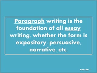Paragraph writing is the
foundation of all essay
writing, whether the form is
expository, persuasive,
narrative, etc.
14
 