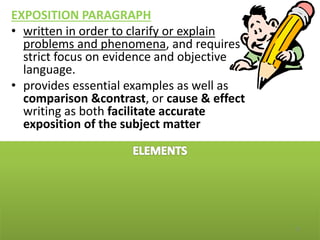 EXPOSITION PARAGRAPH
• written in order to clarify or explain
problems and phenomena, and requires
strict focus on evidence and objective
language.
• provides essential examples as well as
comparison &contrast, or cause & effect
writing as both facilitate accurate
exposition of the subject matter
21
 