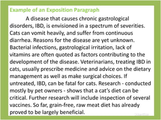 22
Example of an Exposition Paragraph
A disease that causes chronic gastrological
disorders, IBD, is envisioned in a spectrum of severities.
Cats can vomit heavily, and suffer from continuous
diarrhea. Reasons for the disease are yet unknown.
Bacterial infections, gastrological irritation, lack of
vitamins are often quoted as factors contributing to the
development of the disease. Veterinarians, treating IBD in
cats, usually prescribe medicine and advice on the dietary
management as well as make surgical choices. If
untreated, IBD, can be fatal for cats. Research - conducted
mostly by pet owners - shows that a cat’s diet can be
critical. Further research will include inspection of several
vaccines. So far, grain-free, raw meat diet has already
proved to be largely beneficial.
 