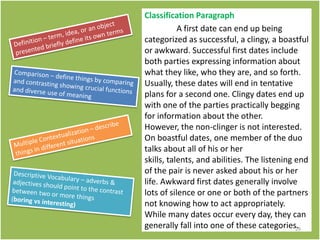 Classification Paragraph
A first date can end up being
categorized as successful, a clingy, a boastful
or awkward. Successful first dates include
both parties expressing information about
what they like, who they are, and so forth.
Usually, these dates will end in tentative
plans for a second one. Clingy dates end up
with one of the parties practically begging
for information about the other.
However, the non-clinger is not interested.
On boastful dates, one member of the duo
talks about all of his or her
skills, talents, and abilities. The listening end
of the pair is never asked about his or her
life. Awkward first dates generally involve
lots of silence or one or both of the partners
not knowing how to act appropriately.
While many dates occur every day, they can
generally fall into one of these categories.29
 