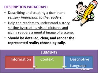ELEMENTS
Information Context Descriptive
Language
30
DESCRIPTION PARAGRAPH
• Describing and creating a dominant
sensory impression to the readers.
• Help the readers to understand a story
setting by creating visual pictures and
giving readers a mental image of a scene.
• Should be detailed, clear, and render the
represented reality chronologically.
 