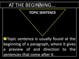 AT THE BEGINNING...
Topic sentence is usually found at the
beginning of a paragraph, where it gives
a preview of and direction to the
sentences that come after it.
TOPIC SENTENCE
 