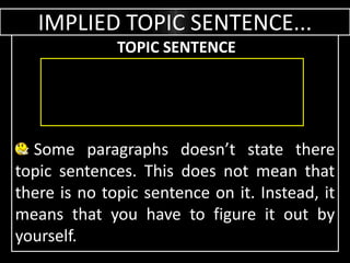 IMPLIED TOPIC SENTENCE...
Some paragraphs doesn’t state there
topic sentences. This does not mean that
there is no topic sentence on it. Instead, it
means that you have to figure it out by
yourself.
TOPIC SENTENCE
 