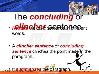 © Capital Community College
The concluding or
clincher sentence• Restate the topic sentence in different
words.
• A clincher sentence or concluding
sentence clinches the point made in the
paragraph.
• It summarizes the paragraph.
 